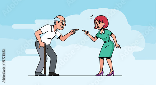 Elderly man with cane and young woman arguing and pointing fingers, generational conflict and family dispute concept, vector
