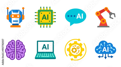 AI & Robotics Icon Set – Technology Illustrations Featuring Robot, AI Chip, Chat Bubble, Robotic Arm, Brain, Laptop, Gear, and Cloud Computing Symbol