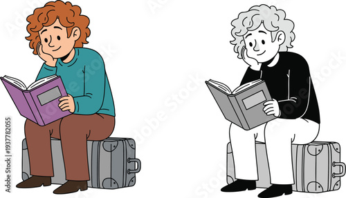 Young traveler sitting on suitcase and reading book, travel delay and educational hobby concept, isolated flat vector