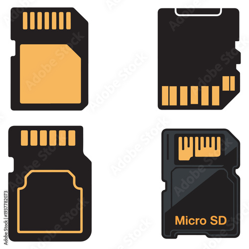 Micro SD memory card flat vector icon set isolated on white background.