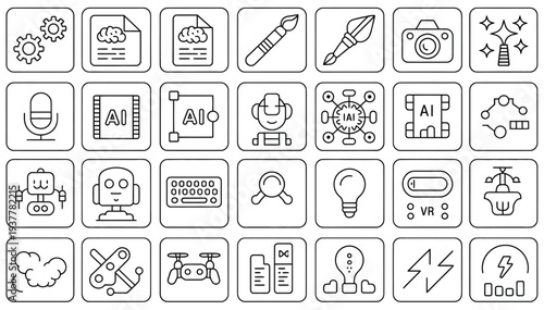 Diverse set of technology and AI icons: gears, brain, art tools, camera, robots, drones, and VR elements.