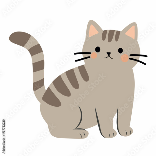 Cute Cat with Striped Tail in Flat Vector Style for Pet Character