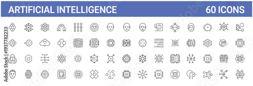 Extensive collection of 60 Artificial Intelligence icons, covering AI concepts, robots, and data processing.