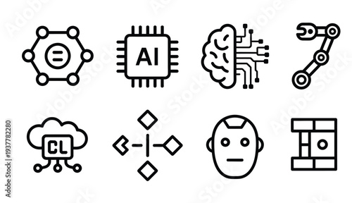 Abstract icons representing AI concepts: network, AI chip, brain, robot arm, cloud computing, and data structure.
