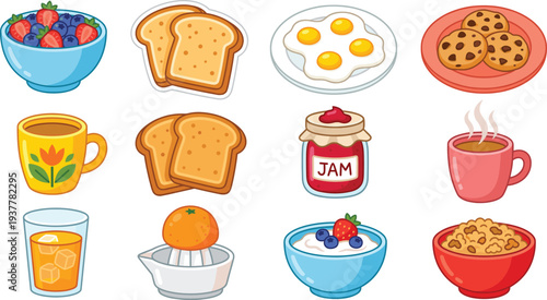 Cute Cartoon Breakfast Food Sticker Set with Eggs Toast Coffee Fruit and Healthy Oatmeal Vector Illustration