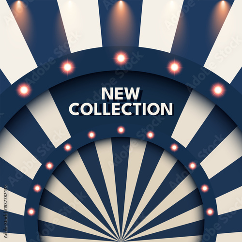 New collection banner with retro sunburst background, marquee lights. Promotional design for product launches, fashion collections and retail presentations. Vector illustration