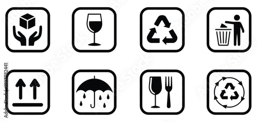 Foto Packaging, symbols icon set featuring cargo and handling icons, caution signs su