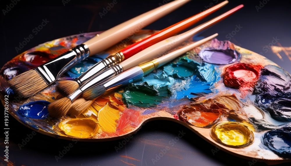 Obraz premium artist s palette with paint and brushes