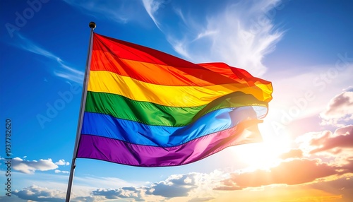 Rainbow flag waves brightly against a vibrant blue sky with scattered clouds and a radiant sunburst