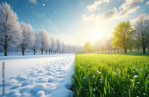Split landscape shows winter snow scene merging into sunny spring meadow. Trees display white frost then vibrant green leaves. Nature cycles through seasons in park.