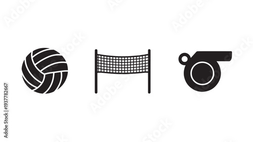 Black Volleyball Net And Referee Whistle Icons For Sports Concepts