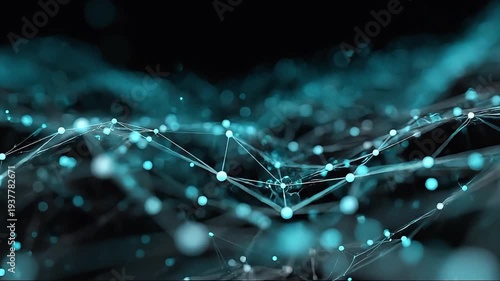 Abstract blue digital network with glowing nodes and connecting lines flowing in dark space