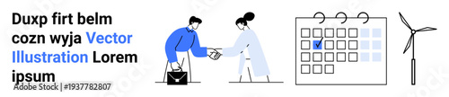 Business, collaboration, scheduling, renewable energy, teamwork, planning. Two individuals shaking hands, a calendar with a marked date and a wind turbine. Collaboration and renewable energy concept