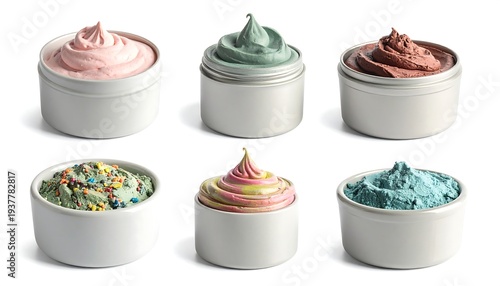 Six bowls with colorful whipped cream, including green with sprinkles, pink, green, brown, multi-color, and blue