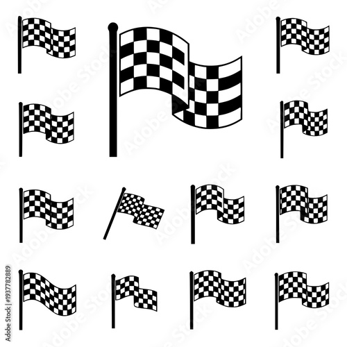 Checkered racing flag vector icon set black and white finish start EPS10 isolated on white