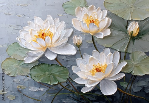 Close-up view of painted white lotus blossoms with yellow centers, lily pads, and buds, set against a grey, textured background