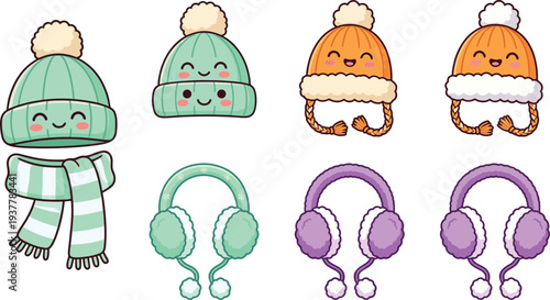 Cute Kawaii Winter Clothing Accessory Vector Set with Beanie Hats Earmuffs and Striped Scarf Flat Illustration
