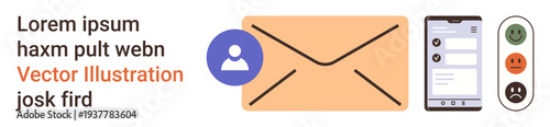 Email communication, feedback systems, user profiles, mobile technology, message exchange, evaluation tools. Envelope with user icon, phone screen and feedback symbols. Email communication