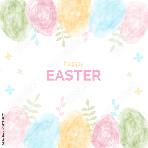 Happy Easter poster template. Watercolor hand drawn colorful eggs and typography. Vector for social media, greeting card, post, print.