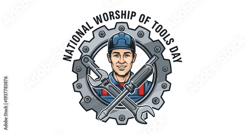 Illustration of a bearded handyman celebrating National Worship of Tools Day with various tools, wearing an orange cap and blue shirt, against a clean white background with a mix of