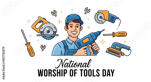 Illustration of a bearded handyman celebrating National Worship of Tools Day with various tools, wearing an orange cap and blue shirt, against a clean white background with a mix of