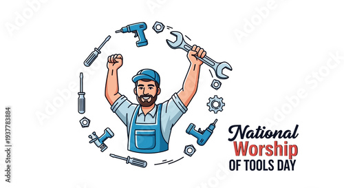 Illustration of a bearded handyman celebrating National Worship of Tools Day with various tools, wearing an orange cap and blue shirt, against a clean white background with a mix of