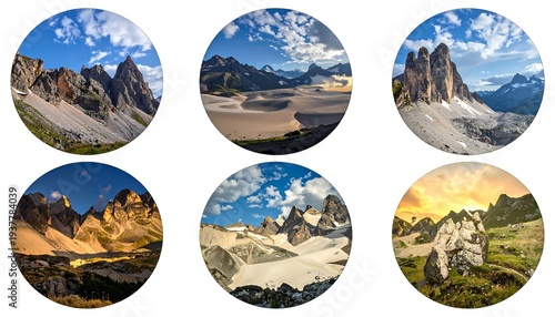 Six circular landscapes mountains, valleys, skies, in a collage formation on a white background