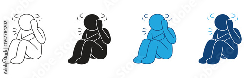 Panic Attack icon set.   Panic attack, anxiety, fear, chest pain, rapid heartbeat, shortness of breath, distress symbol on white background . Vector illustration.