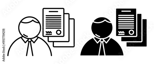 Linear icon. Bank client studies banking documents before signing. Simple black and white vector symbol isolated on white background