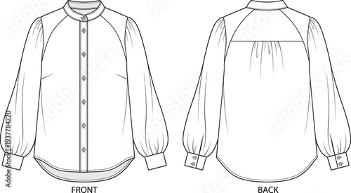 Mandarin Collar Long Sleeve Blouse with Raglan Puff Sleeves Technical Fashion Flat CAD Vector Illustration Drawing