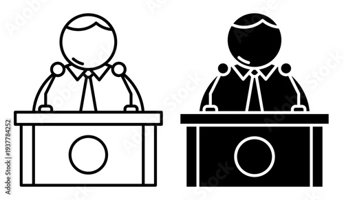 Linear icon. Official answers journalists questions standing behind a podium with microphones. Simple black and white vector symbol isolated on white background