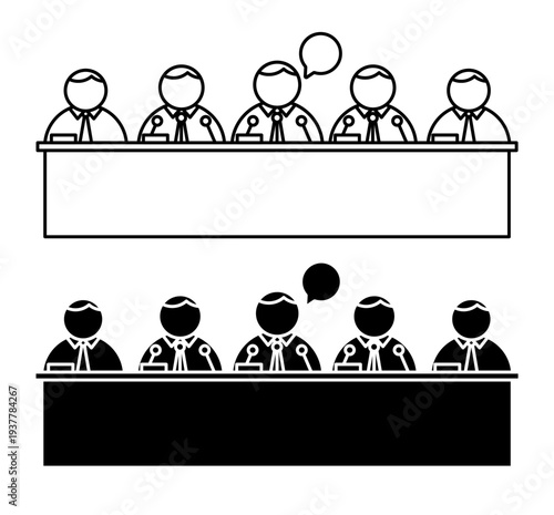 Linear icon. Meeting of members of Congress at podium in front of reporters. Simple black and white vector symbol isolated on white background