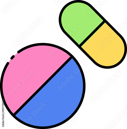 A simple graphic illustration of a pill and a circular chart, possibly representing health or medicine, from a straightforward viewpoint