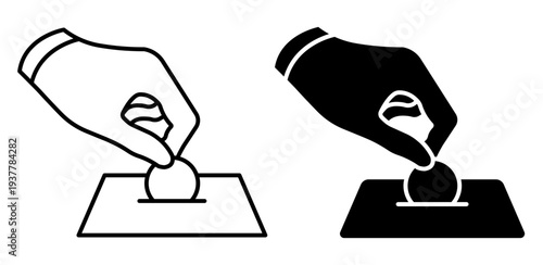 Linear icon. Person hand brings coin into a common piggy bank for donation. Simple black and white vector symbol isolated on white background