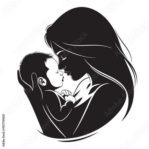Mother Kissing Baby Silhouette Tender Motherhood Love Vector Illustration