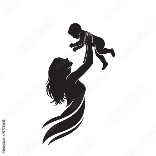 Mother Lifting Baby in Air Silhouette Joyful Motherhood Love Vector Illustration