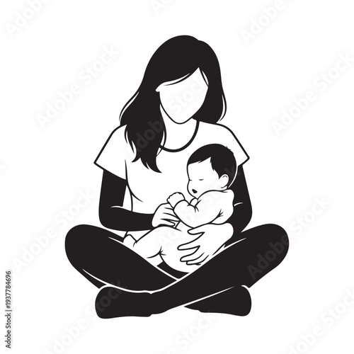 Mother Sitting with Sleeping Baby Silhouette Peaceful Motherhood Care Vector Illustration