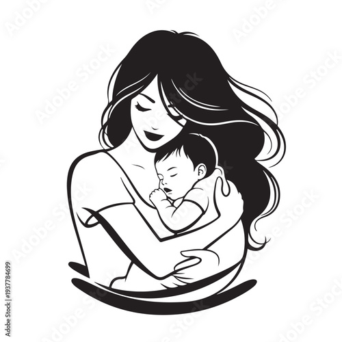 Mother Holding Sleeping Baby Silhouette Tender Motherhood Love Vector Illustration