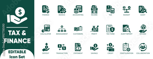 Tax icon set.adviser, deduction, irs, planning, property, contribution, vat, rate, burden, refund, and solid icons.