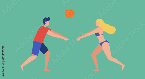 Couple Playing Beach Volleyball Under the Sun.