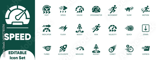 Speed icon set. measure, run, velocity, turbo, accelerate, productivity, comet, down, speed, arrow, and solid vector.