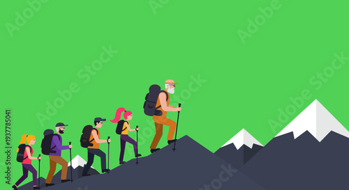 Group of hikers climbing a mountain with backpacks and trekking poles.