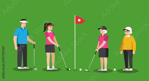 Diverse Group of Golfers Playing on a Green Course.