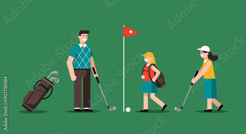 Family Playing Golf Together on a Green Course.