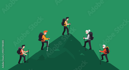 Group of hikers reaching mountain peak together on green background.
