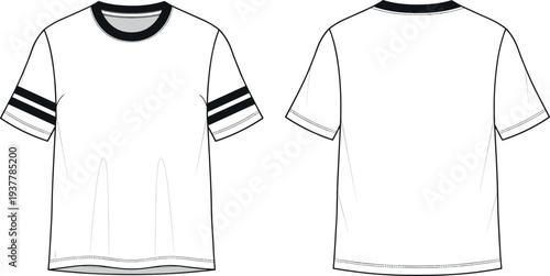 White Short Sleeve T-Shirt Technical Vector Template with Black Crew Neck and Varsity Double Stripes on Sleeves Front and Back View