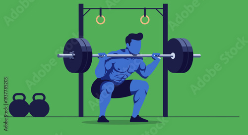 Man Performing Barbell Squat Exercise in Gym.