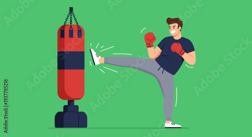 Man Kicking Punching Bag for Boxing Training.