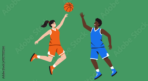 Two basketball players jumping for the ball during a game illustration.