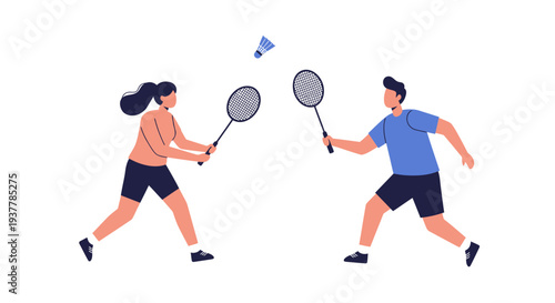Two people playing badminton in a studio setting.